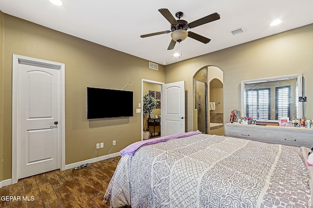 bedroom with dark hardwood / wood-style floors and ceiling fan