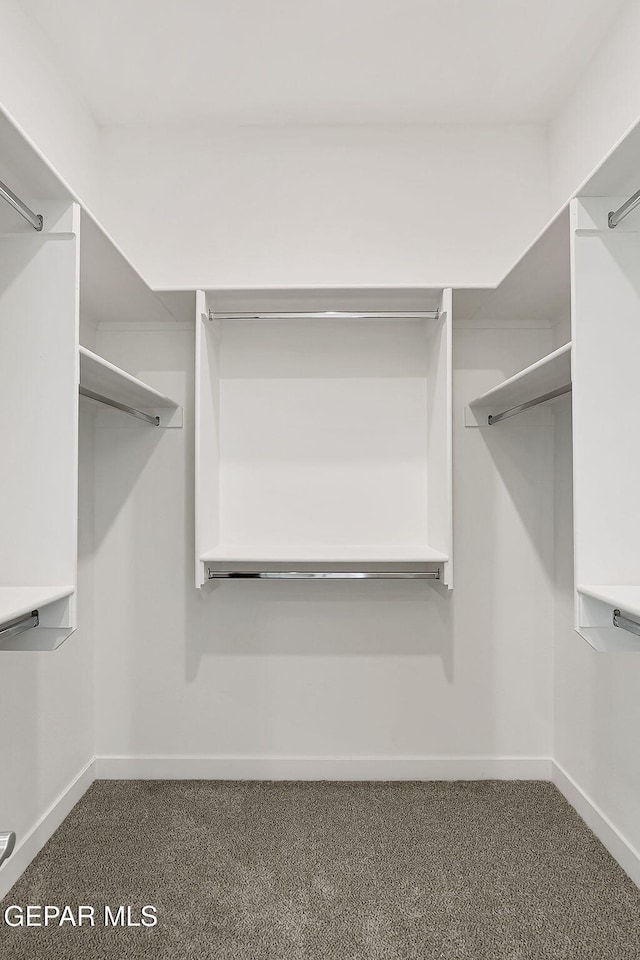 spacious closet featuring dark carpet