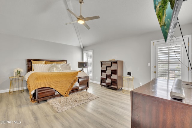 bedroom with ceiling fan, lofted ceiling, access to outside, and light hardwood / wood-style floors