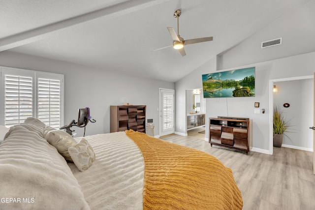 bedroom featuring ceiling fan, vaulted ceiling, and light wood-type flooring