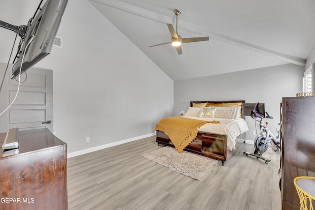 bedroom with ceiling fan, high vaulted ceiling, beam ceiling, and light hardwood / wood-style floors