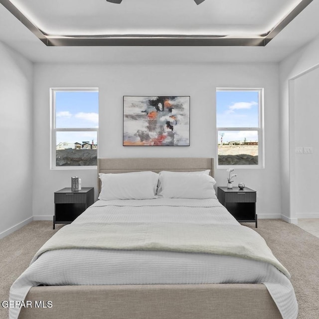 bedroom with light colored carpet