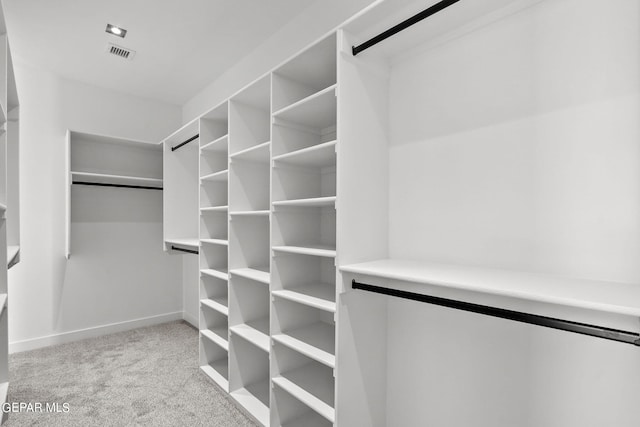 walk in closet with light colored carpet