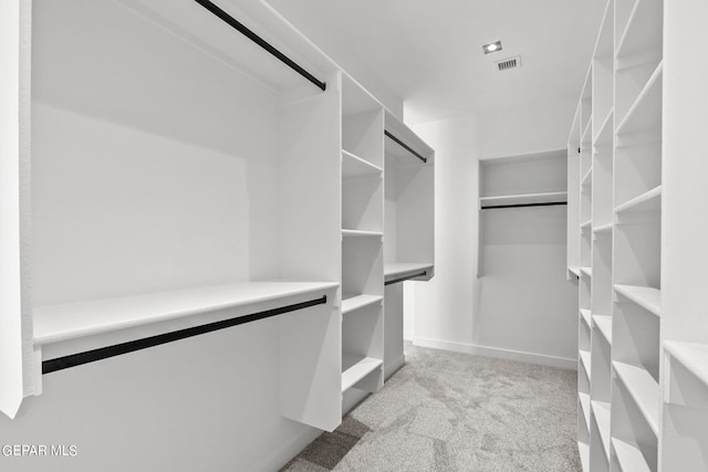 walk in closet with light colored carpet