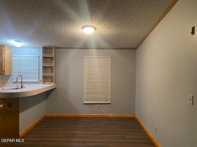 interior space with ornamental molding, sink, a textured ceiling, and dark hardwood / wood-style floors