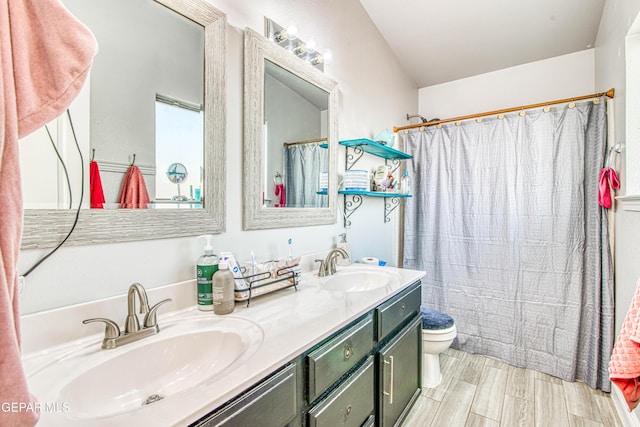 bathroom with walk in shower, vanity, and toilet