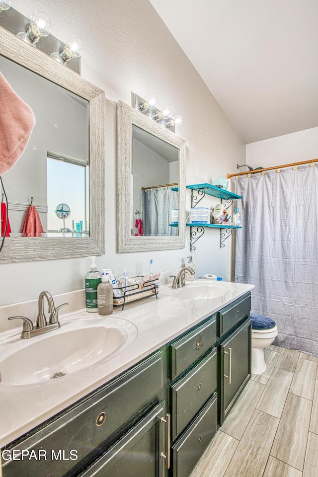 bathroom with a shower with curtain, vanity, and toilet