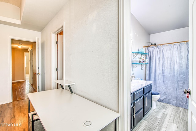 bathroom featuring vanity, hardwood / wood-style floors, toilet, and a shower with shower curtain