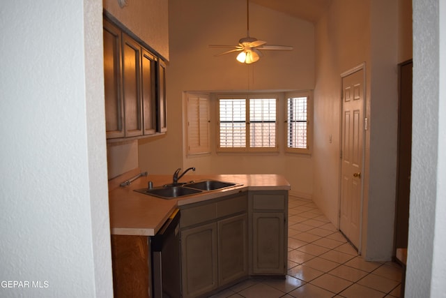 kitchen with dishwashing machine, sink, ceiling fan, light tile patterned flooring, and kitchen peninsula