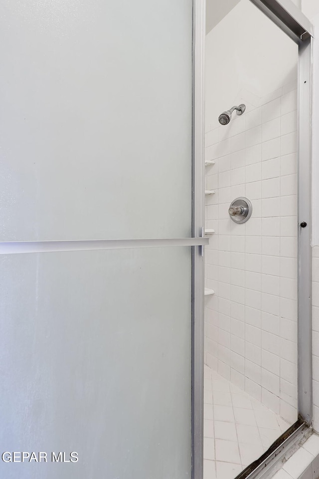 bathroom with a shower with shower door