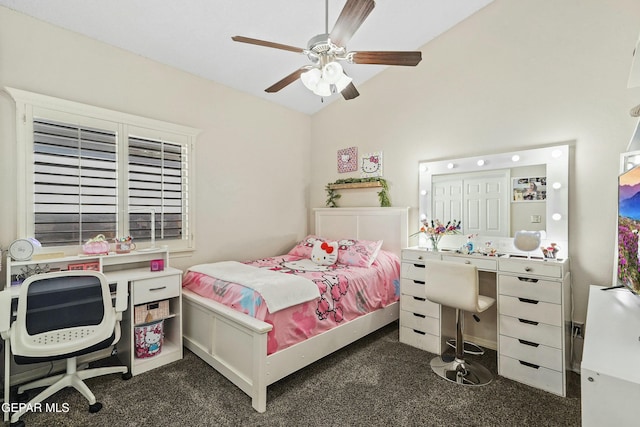 bedroom with ceiling fan and dark carpet