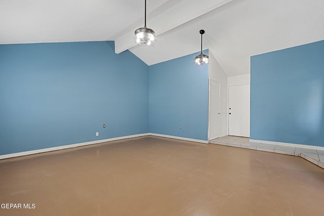 unfurnished room with lofted ceiling with beams