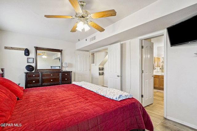 bedroom featuring ceiling fan and light hardwood / wood-style flooring