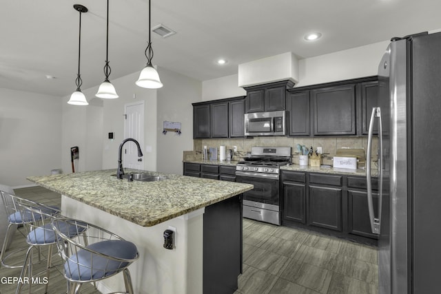 kitchen with pendant lighting, sink, a center island with sink, stainless steel appliances, and a kitchen bar