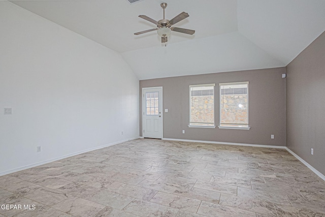 unfurnished room featuring ceiling fan and vaulted ceiling