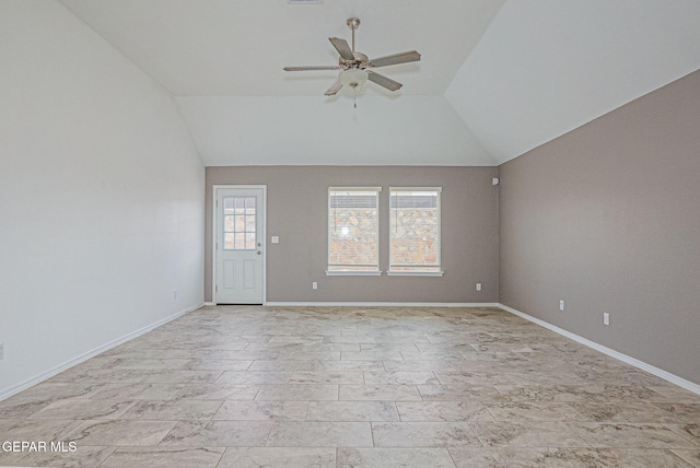 unfurnished room with ceiling fan and lofted ceiling