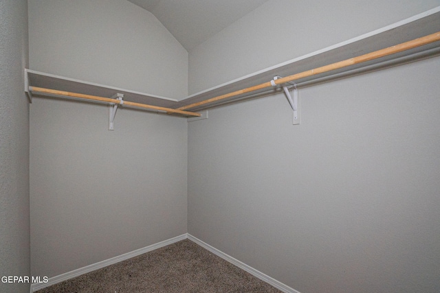 spacious closet with lofted ceiling and carpet