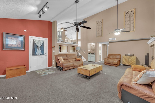 carpeted living room with vaulted ceiling, a textured ceiling, and track lighting