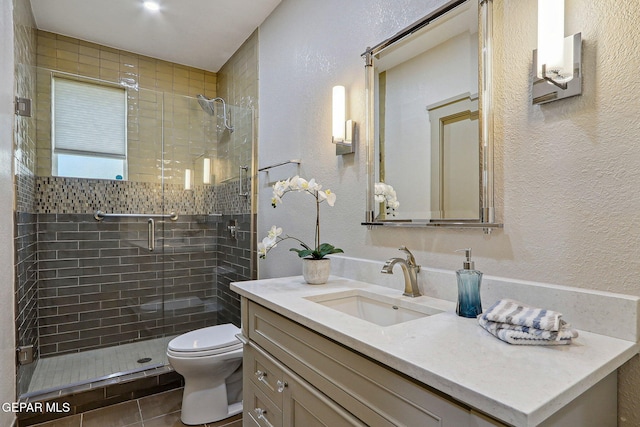 909 Singing Hills Dr, El Paso, TX 79912 - full bathroom with a textured wall, toilet, a shower stall, vanity, and tile patterned floors