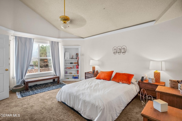 bedroom featuring ceiling fan, vaulted ceiling, a textured ceiling, and carpet