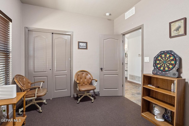 sitting room with dark colored carpet