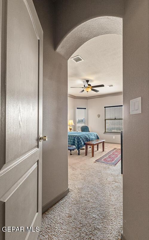 carpeted bedroom with ceiling fan, ornamental molding, and a textured ceiling