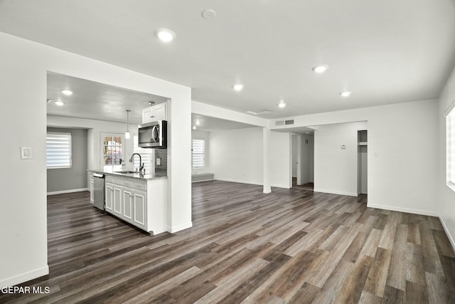 unfurnished living room with sink and dark hardwood / wood-style floors