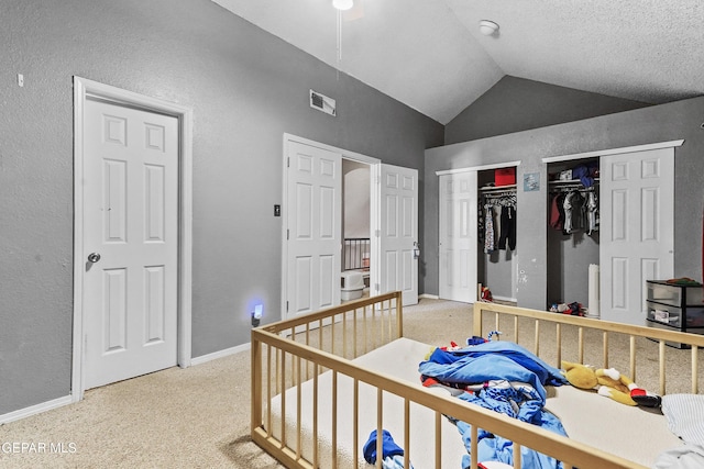 bedroom featuring multiple closets, lofted ceiling, and carpet