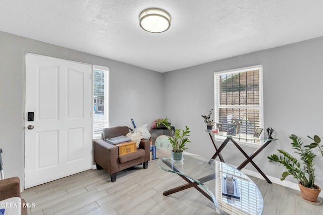 living area with light hardwood / wood-style floors and a textured ceiling