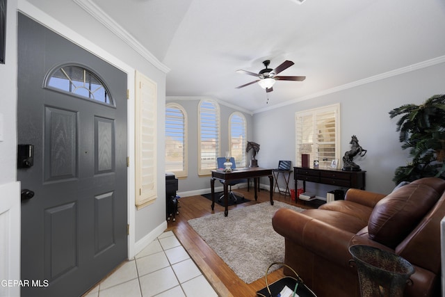 office space with crown molding, ceiling fan, and light hardwood / wood-style flooring