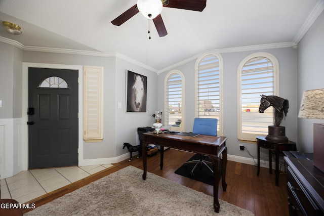 office with hardwood / wood-style flooring, ceiling fan, lofted ceiling, and crown molding