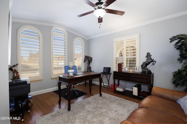 office area featuring crown molding, vaulted ceiling, ceiling fan, and dark hardwood / wood-style flooring