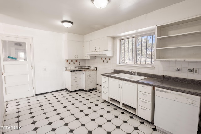 kitchen with white cabinetry, sink, backsplash, and white dishwasher