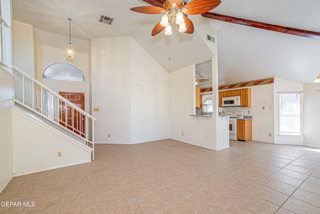 unfurnished living room featuring ceiling fan, high vaulted ceiling, and beamed ceiling