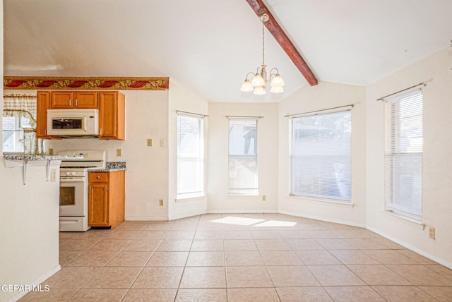 kitchen with vaulted ceiling with beams, a chandelier, light tile patterned floors, pendant lighting, and white appliances