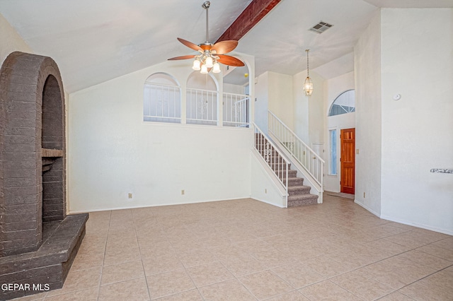 unfurnished living room featuring ceiling fan, beam ceiling, high vaulted ceiling, and light tile patterned floors