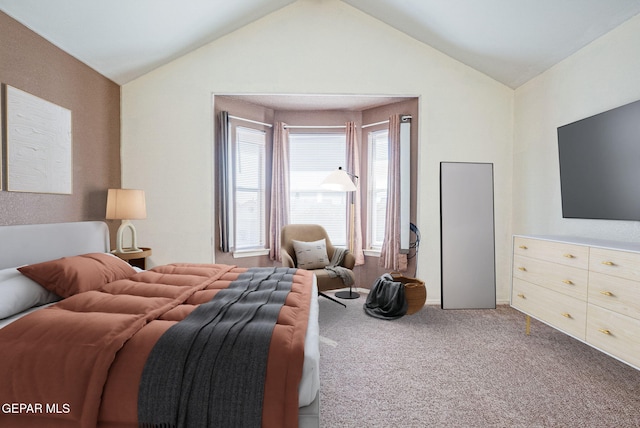 carpeted bedroom featuring lofted ceiling