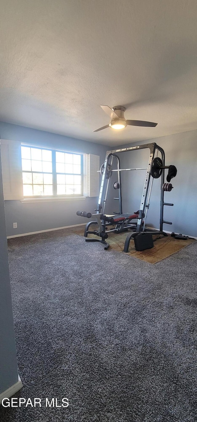 workout room featuring ceiling fan, a textured ceiling, a healthy amount of sunlight, and carpet flooring