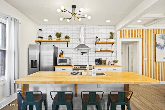 kitchen featuring wood counters, backsplash, stainless steel appliances, and a breakfast bar