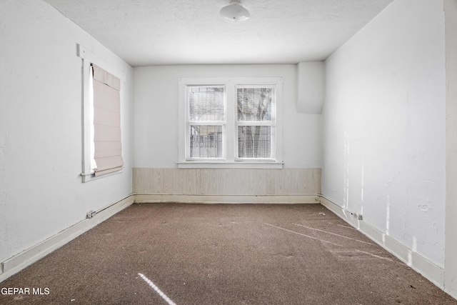 carpeted empty room featuring wooden walls and a textured ceiling