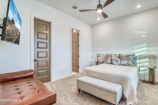 bedroom featuring ceiling fan and carpet flooring