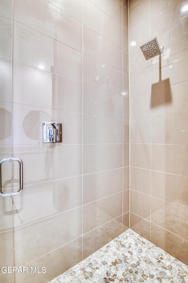 bathroom featuring a shower with door