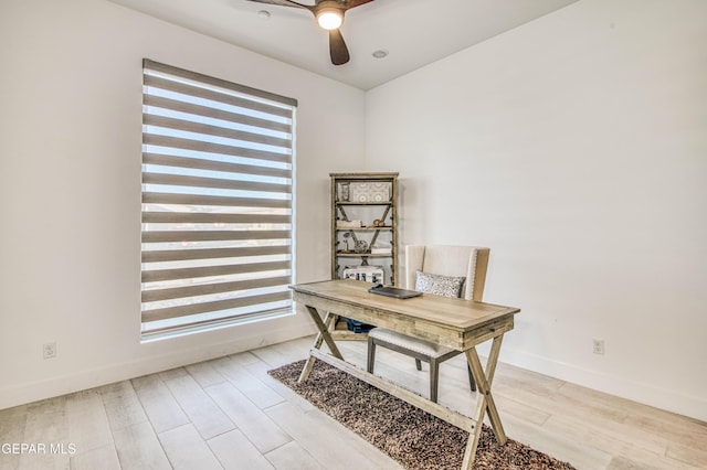 office space with a wealth of natural light, ceiling fan, and light hardwood / wood-style flooring