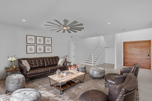 living room featuring ceiling fan