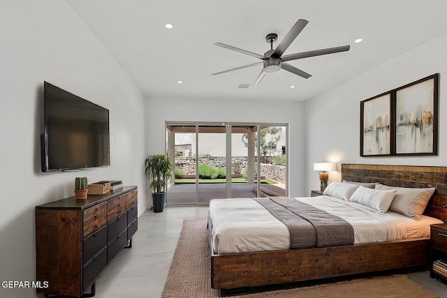 bedroom with ceiling fan and access to exterior