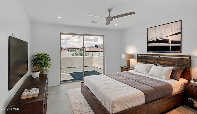 bedroom featuring access to outside and ceiling fan