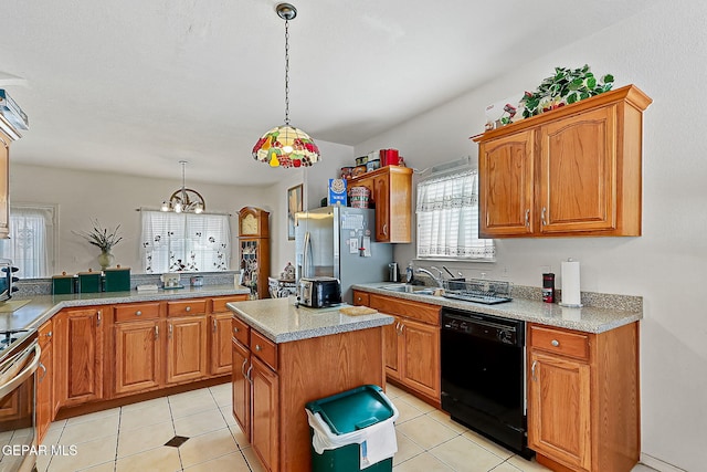 kitchen featuring sink, light tile patterned floors, hanging light fixtures, stainless steel appliances, and a center island