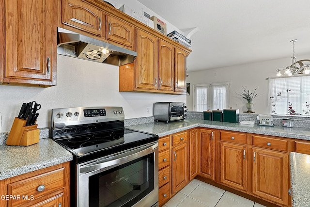 kitchen featuring stainless steel range with electric stovetop, light tile patterned floors, a notable chandelier, light stone counters, and french doors