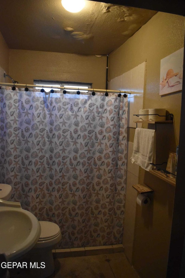 bathroom featuring sink, a shower with shower curtain, and toilet