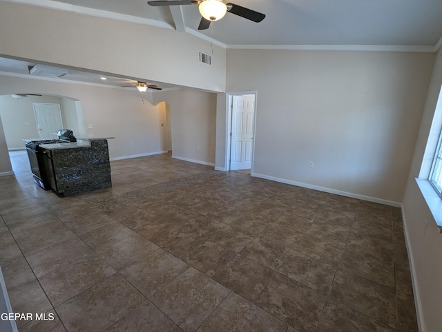 unfurnished living room featuring high vaulted ceiling, beamed ceiling, ornamental molding, and ceiling fan